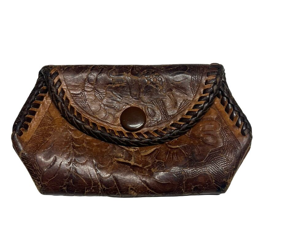 Vtg Distressed Hand Tooled Leather Snap Coin Purse Floral Whipstitch Brown